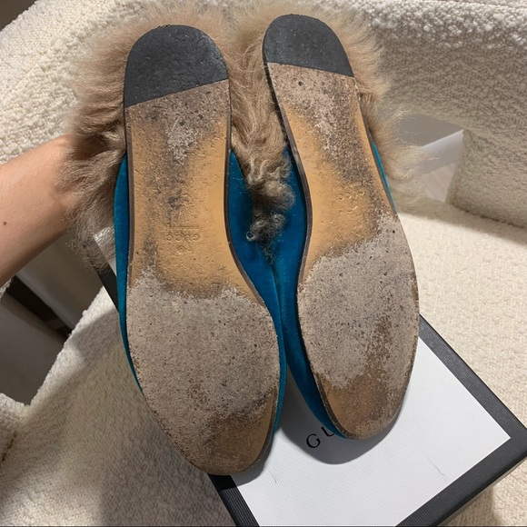 GUCCI PRINCETOWN TEAL VELVET LOAFER WITH FUR! SZ 37! - Picture 3 of 4